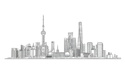 Fototapeta premium Monochrome illustration of urban skyline, featuring tall towers and iconic architectural elements