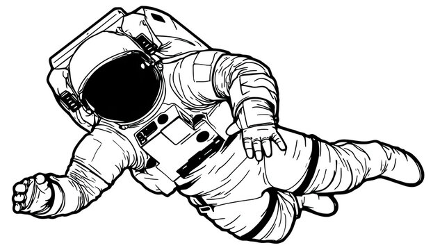 A black and white illustration of a spaceman floating in zero gravity