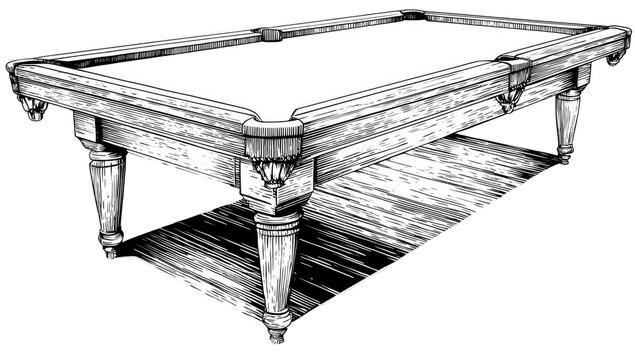 Black and white illustration of a rectangular pool table with detailed woodwork and long shadows