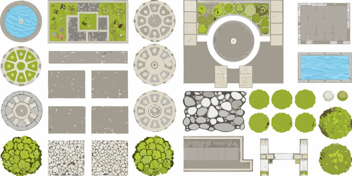 Aerial view of garden elements paths ponds trees and landscaping