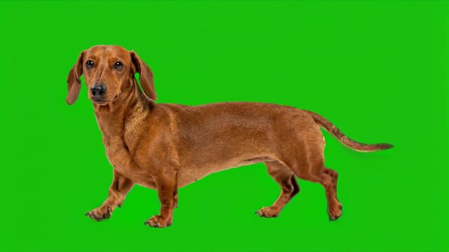 dachshund dog walking , isolated on green background