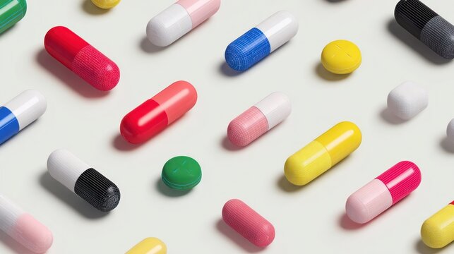 Array of colorful capsules and round pills on a clean white surface, casting gentle shadows