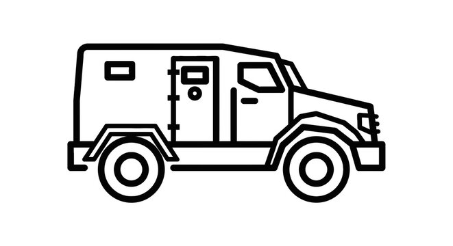 Armored money transport vehicle outline illustration in black and white; a security design concept with transport vehicle design.
