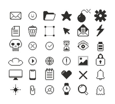 Media communication tools black and white pixel art icon set. App features. Digital functions. Software navigation. Monochrome pixelated vector cliparts. Isolated blocky elements collection