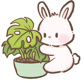 Kawaii Bunny Hugging Monstera Houseplant Cute Plant Lover Rabbit Holding Potted Tropical Leaf Indoor Gardening Illustration