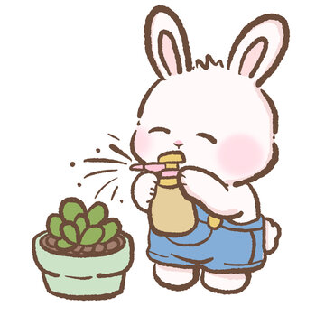Adorable Kawaii Bunny Spraying Water Bottle On Small Succulent Plant Cute Gardening Rabbit Plant Care Indoor Botanical Illustration