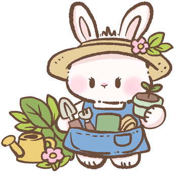 Kawaii Bunny Gardener Wearing Apron Holding Small Potted Plant Cute Spring Gardening Rabbit With Watering Can And Garden Tools Illustration