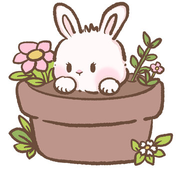 Adorable Kawaii Bunny Sitting Inside Large Flower Pot Surrounded By Blossoms Cute Spring Garden Rabbit Plant Lover Illustration
