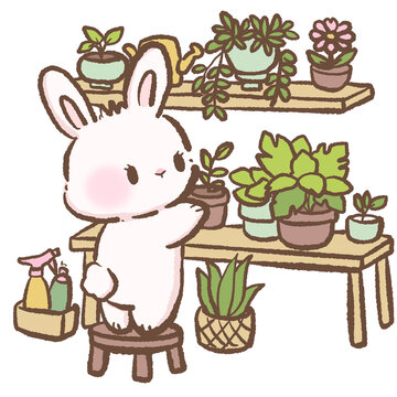 Kawaii Bunny Plant Lady Watering Indoor Houseplants On Wooden Shelf Cute Gardening Rabbit With Succulents And Spray Bottles Cozy Plant Care Illustration