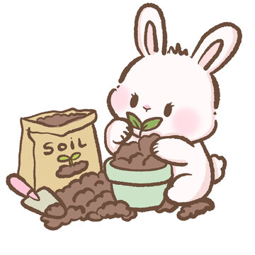 Adorable Kawaii Bunny Planting Tiny Seedling In Soil Pot With Gardening Tools Cute Spring Garden Rabbit Plant Growth Illustration