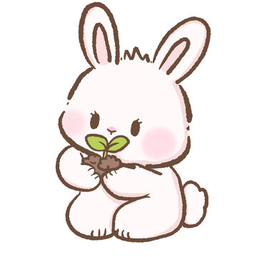 Cute Kawaii Bunny Holding Tiny Seedling With Soil Gardening Rabbit Sprout Plant Growth Nature Illustration Sweet Spring Garden Character