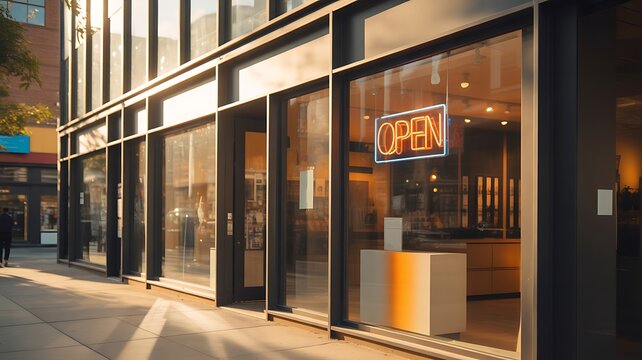 Modern retail storefront with open sign glass and urban shopping business concept