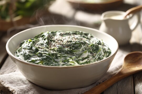 Creamed spinach in a white ceramic bowl on a rustic wooden table, velvety texture and natural light