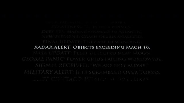 Dramatic monochrome typography featuring urgent news headlines like Deep Sea Anomaly and Martial Law. Ideal for UFO documentaries, sci-fi thrillers, and paranormal investigation narratives.