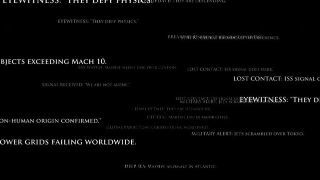 Rapidly moving floating text animation showing urgent reports of UFOs over DC and London. High-energy visual for fast-paced documentaries, news montages, and sci-fi thrillers.