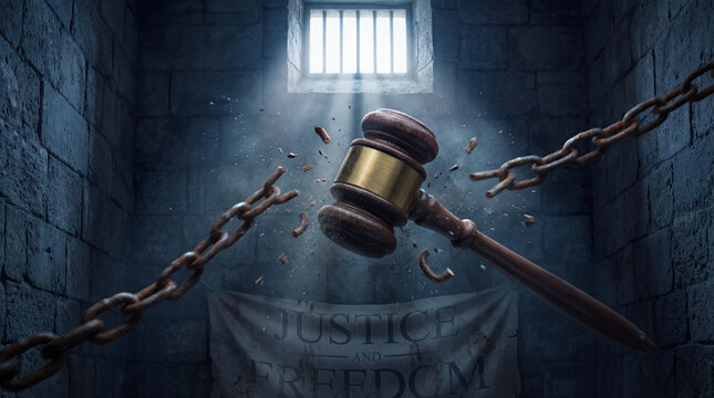 Breaking gavel with flying debris and broken chain in dark prison cell with barred window and justice freedom banner symbolizing liberation and justice