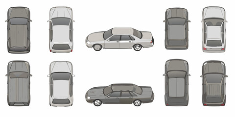 Top down view of various modern sedan and suv vehicle designs © Nasir