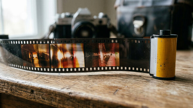 Vintage film reel and camera on wooden table in natural light , with space for text   