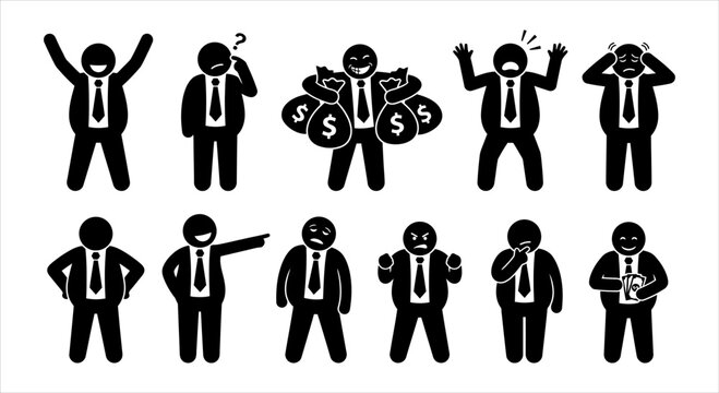 Diverse Business Person Stick Figure Emotions and Actions Vector Icons