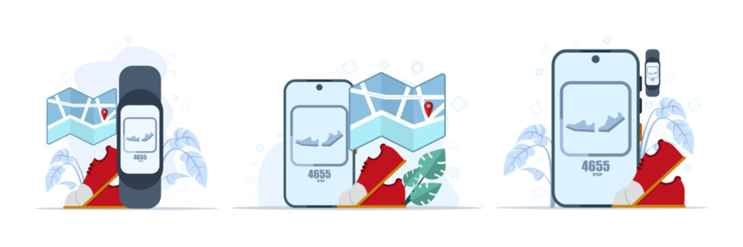 Fitness tracking app illustration set with running tracker, step counter, and wearable wristband, sports showing technology on smartphone in modern flat cartoon style.