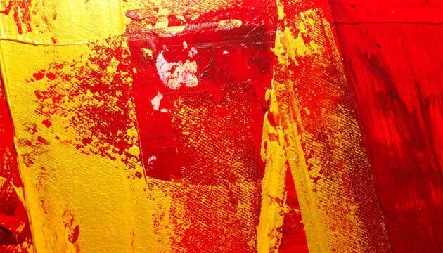 Abstract oil painting backdrop, bold crimson red to golden yellow gradient, heavy halftone dot screen overlay, thick impasto paint texture