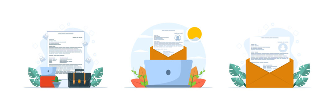 Job application illustration set with email submission, vacancy listings, and application methods, designed for recruitment materials like posters, banners, and brochures in flat style.