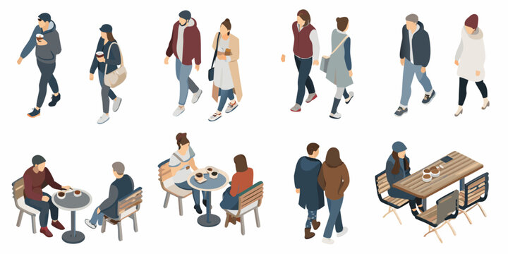 Isometric illustration of diverse people walking and socializing outdoors