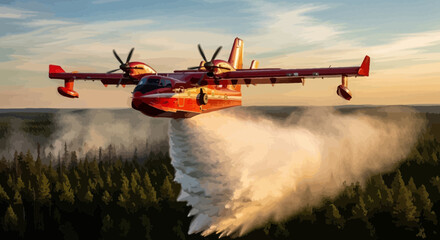 Firefighting plane dropping water over a forest in a cartoon style battling wildfire with retro painting effect and strong contrasting colors © Baskara