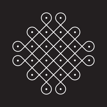 Traditional Indian Sikku Kolam Rangoli Design Featuring White Geometric Interlaced Line Art and Dots on a Black Background, Symmetrical Folk Art Pattern Vector Illustration.