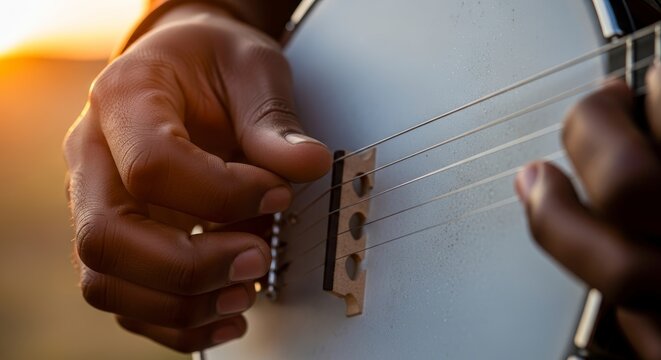 Close-up of hands playing guitar strings.