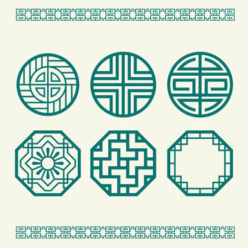 Set of traditional East Asian geometric patterns featuring three circular and three octagonal teal line art symbols with decorative horizontal border accents on a light cream background.