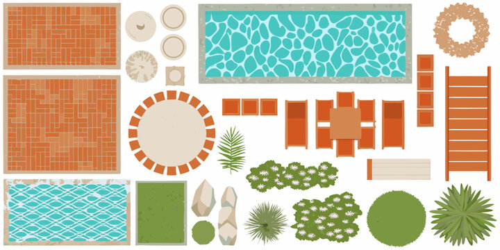 Overhead view of a summer backyard with pool patio and landscaping