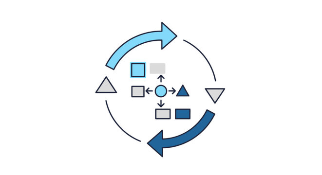 Agile iterative development process visual concept with circular arrows geometric shapes and continuous loop in blue and gray tones