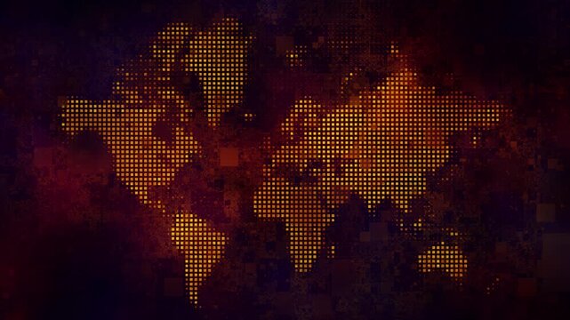 Abstract glowing pixelated world map animation, dark glitch background