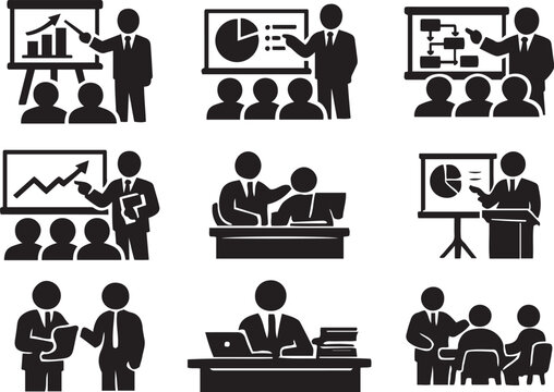 Business meeting and presentation icons depicting various professional scenarios