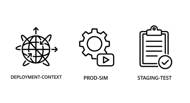 Software development icons: deployment context production simulation staging test with deployment simulation production workflow technology computer programming application illustration