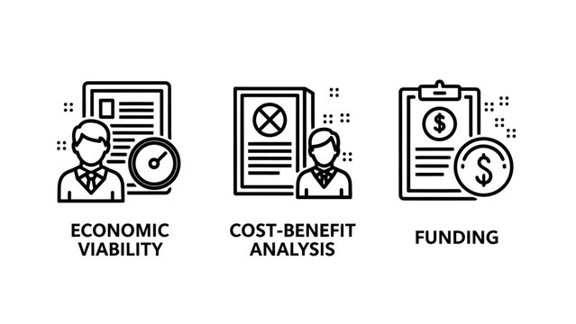 Icons representing economic viability cost-benefit analysis funding concepts with business plan financial analysis economic growth business strategy investment strategy financial planning