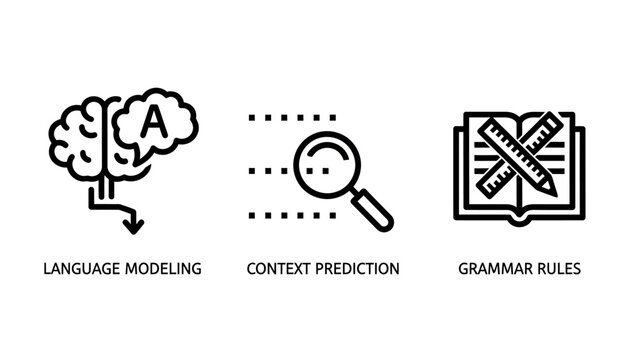 Artificial intelligence language modeling context prediction grammar rules line icons machine learning magnifying glass line art natural language processing linguistics learning algorithm