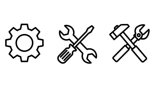 Workshop tool icons for repair and industrial maintenance featuring gear wrench and hammer maintenance construction industry screwdriver hardware engineering workshop equipment professional