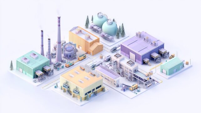Isometric illustration depicts a stylized industrial complex with various buildings, chimneys, and vehicles