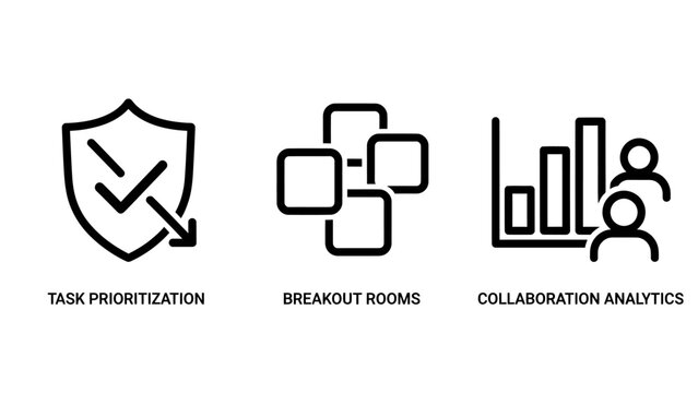 Business icons set for task prioritization with shield symbol breakout rooms with overlapping squares collaboration analytics with bar chart and people profiles prioritization breakout