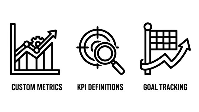 Business analytics icons representing custom metrics kpi definitions and goal tracking for performance monitoring data strategy and progress measurement with business analytics definition tracking