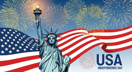 Naklejka premium Statue of Liberty with American flag and fireworks celebrating Independence Day in USA patriotic holiday concept
