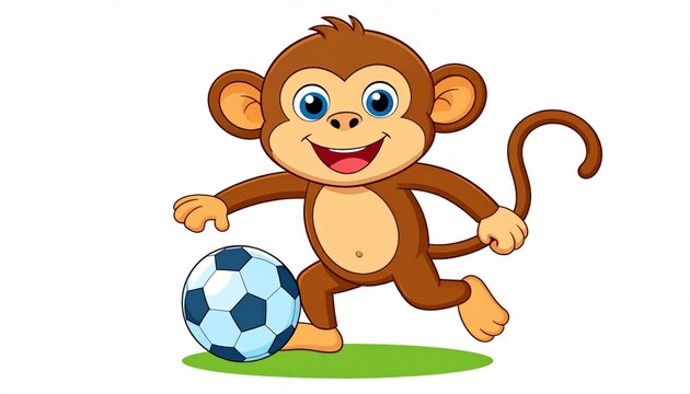 A cartoon monkey playing soccer with a ball.