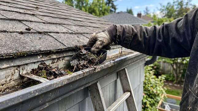 a person removing leaves from the gutter and cleaning it 