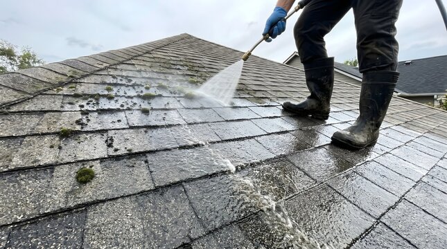 a person cleaning moss and mold from a tiled roof using pressure washer