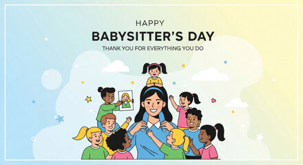 Obraz premium Happy Babysitters Day illustration a group of diverse children surrounding a caring babysitter celebrating appreciation and childcare vector art