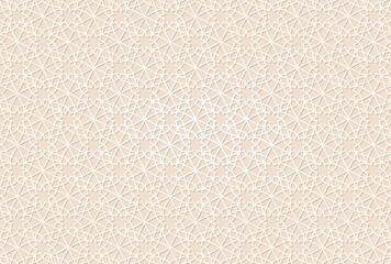 Fototapeta premium Beige Arabic geometric pattern background featuring a seamless traditional Islamic star motif and interlocking line lattice design for Ramadan or Eid greeting card decoration.