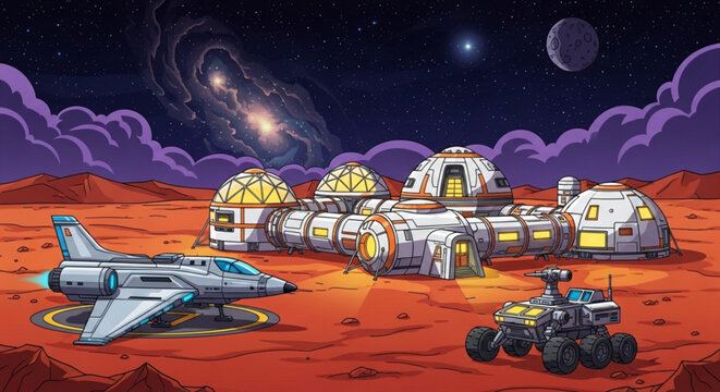 Futuristic Mars colony with spacecraft and rover science fiction settlement on red planet space exploration concept illustration