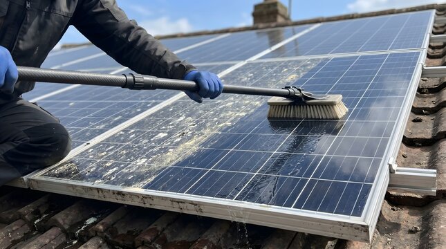 a person cleaning Solar panel using brush and water 
